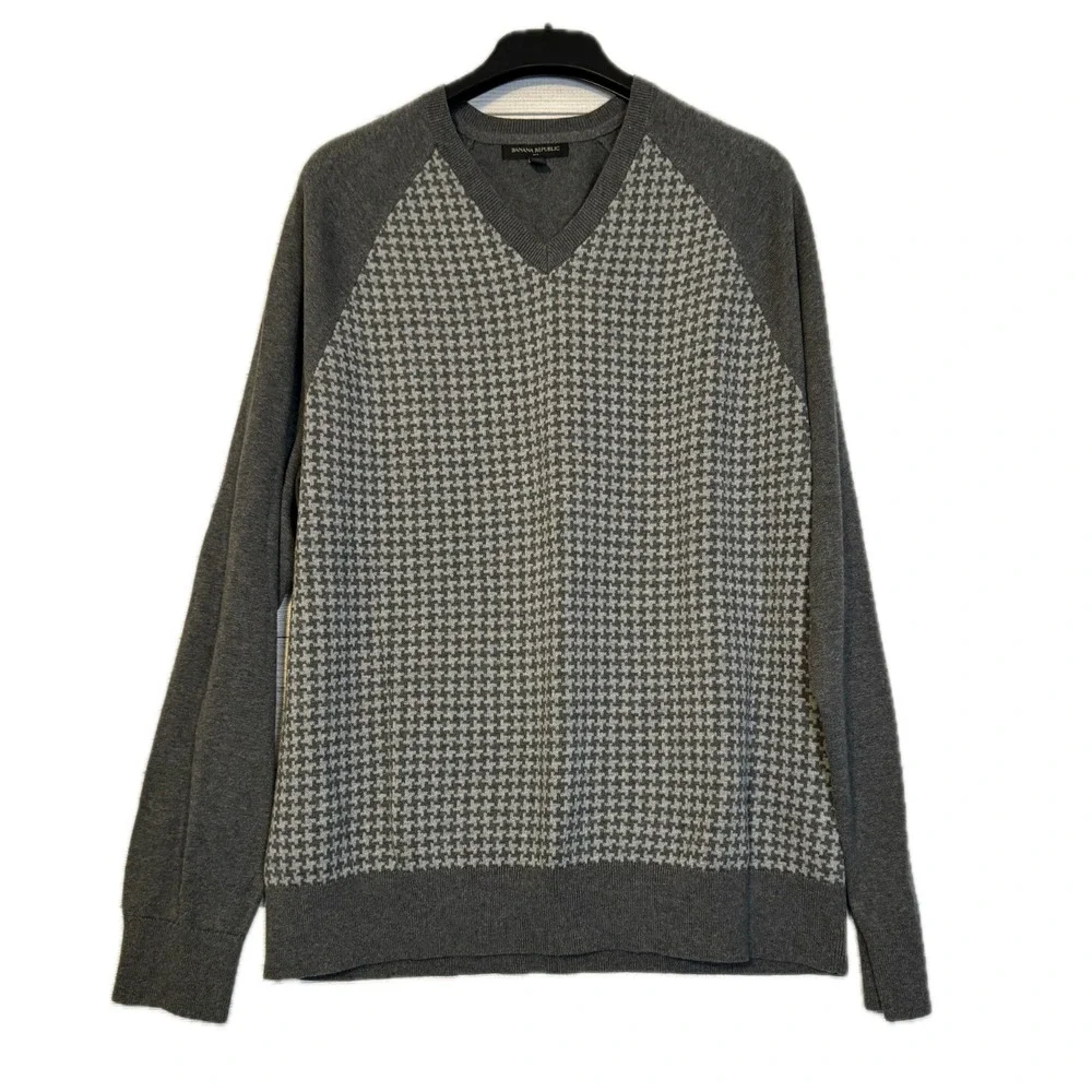 Banana Republic Sweater Men's XL Gray Houndstooth Cotton V-Neck Raglan